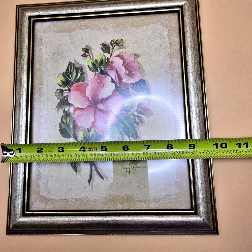 Nancy Wiseman Signed Floral Painting Pair Pink Hibiscus Peony Framed Art Set 2